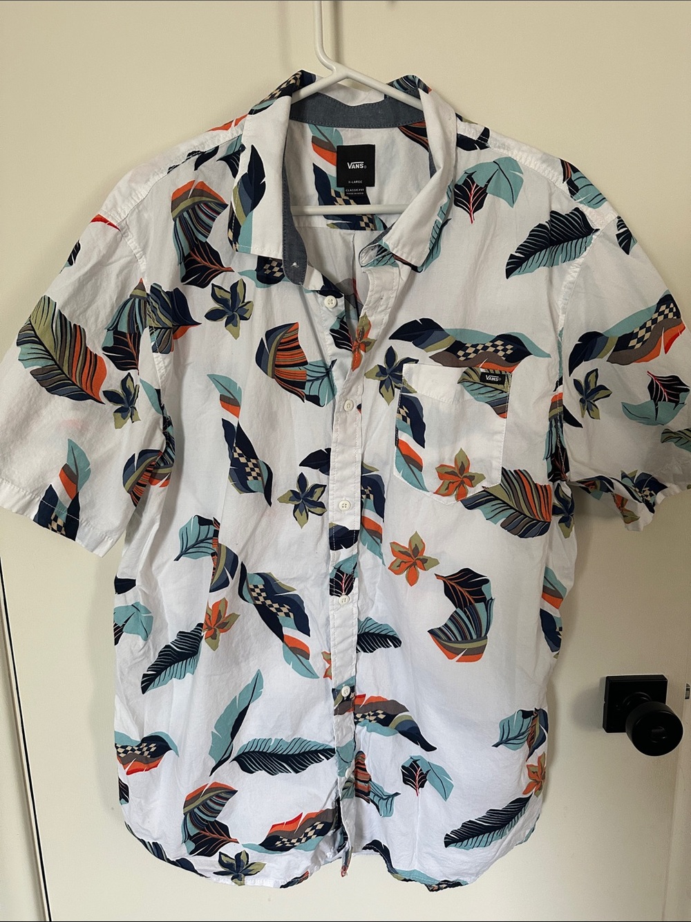 Vans White Short Sleeve Button-Down with Multicolor Leaf Print